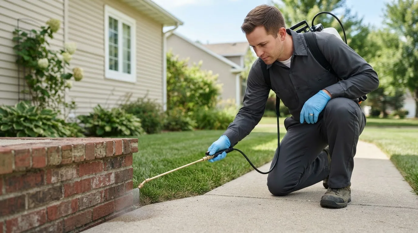 Pest control technician treating a home near Saxon, WV